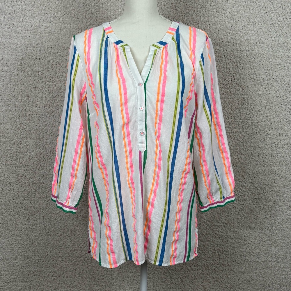 Talbots Top Womens Lg White Multi Stripe Cotton Blend Pop Over 3/4‎ Sleeve Beach